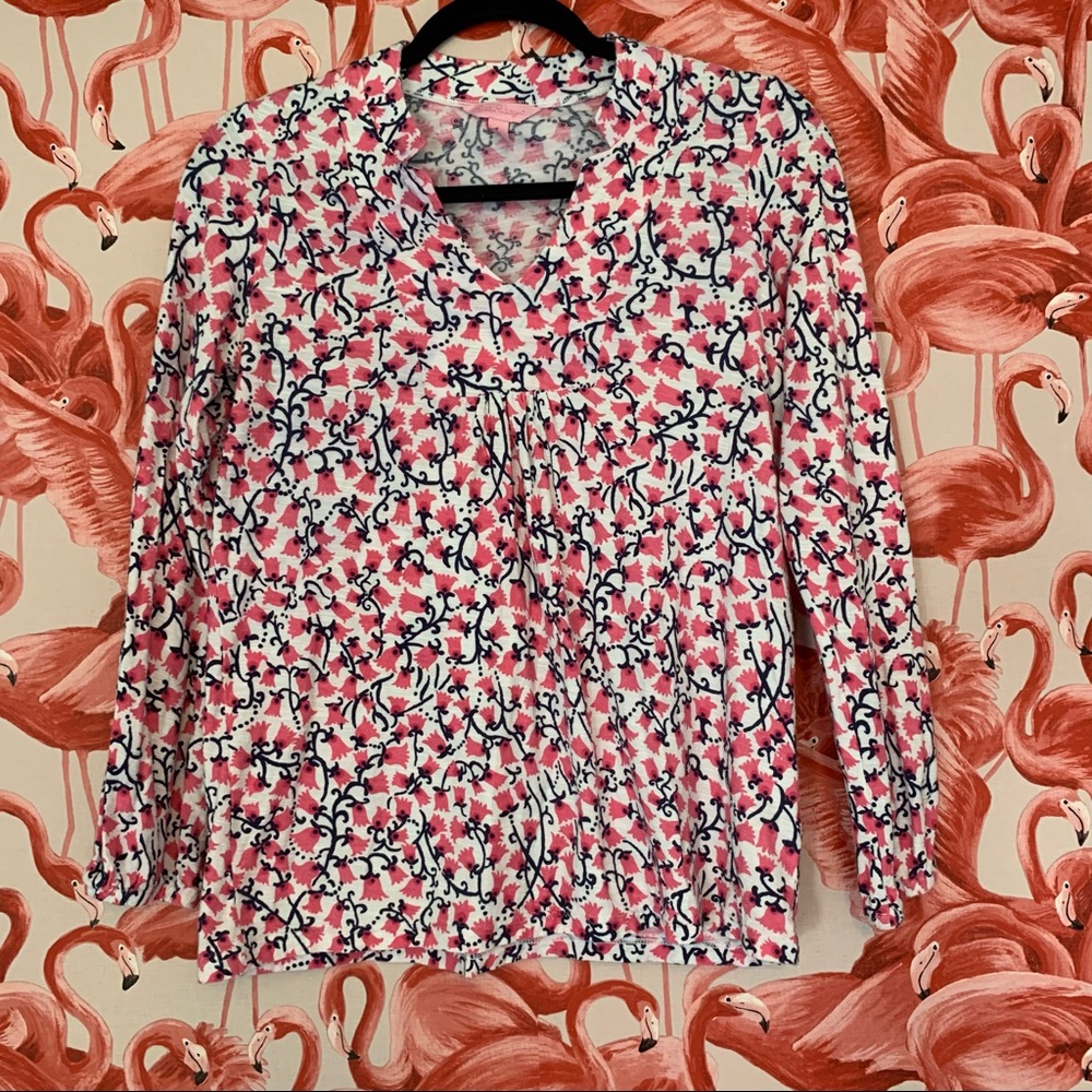Lilly Pulitzer Cotton Pink and Navy Blue Floral Tunic Size Small